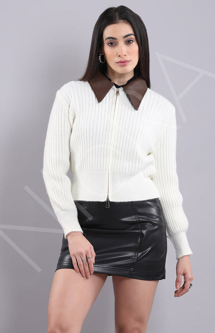 Leather Collar Zip Knit Cardigan