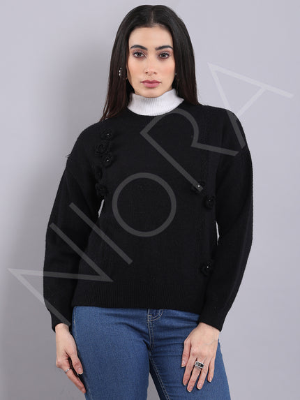 Floral Applique Wool Pullover