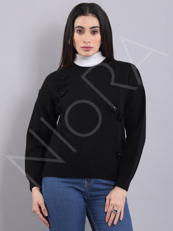 Floral Applique Wool Pullover