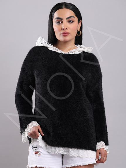 Lace Long Fur Hooded Pullover
