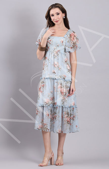 Sky Bloom Ruffle Midi Dress