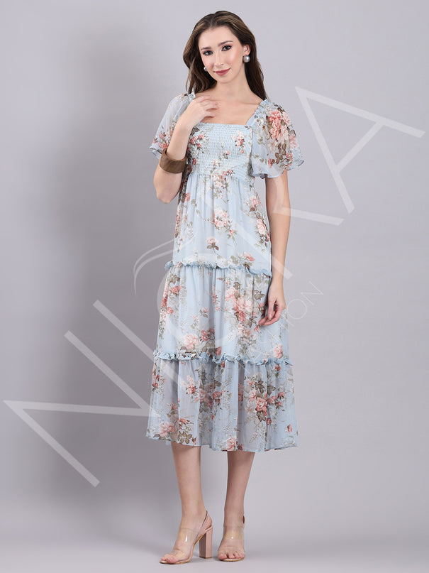 Sky Bloom Ruffle Midi Dress