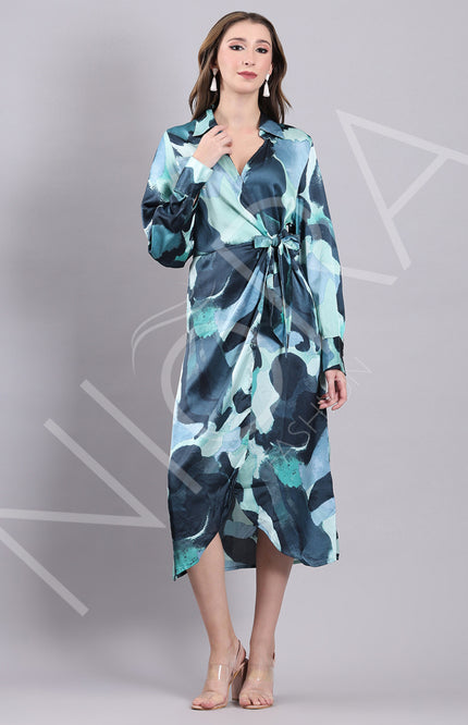 Aqua Wrap Slit Midi Dress