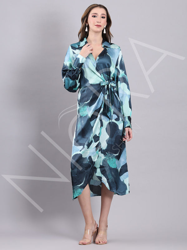 Aqua Wrap Slit Midi Dress
