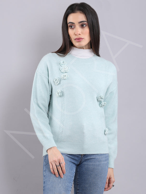 Floral Applique Wool Pullover
