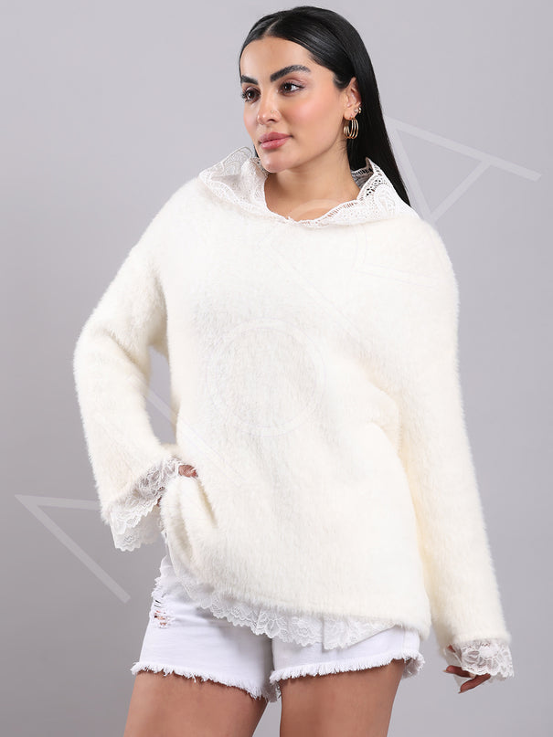 Lace Long Fur Hooded Pullover