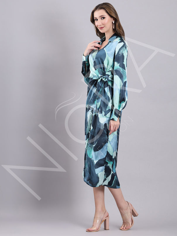 Aqua Wrap Slit Midi Dress