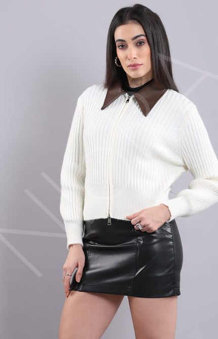 Leather Collar Zip Knit Cardigan