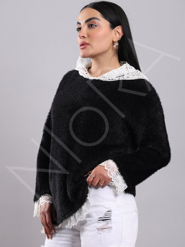 Lace Long Fur Hooded Pullover