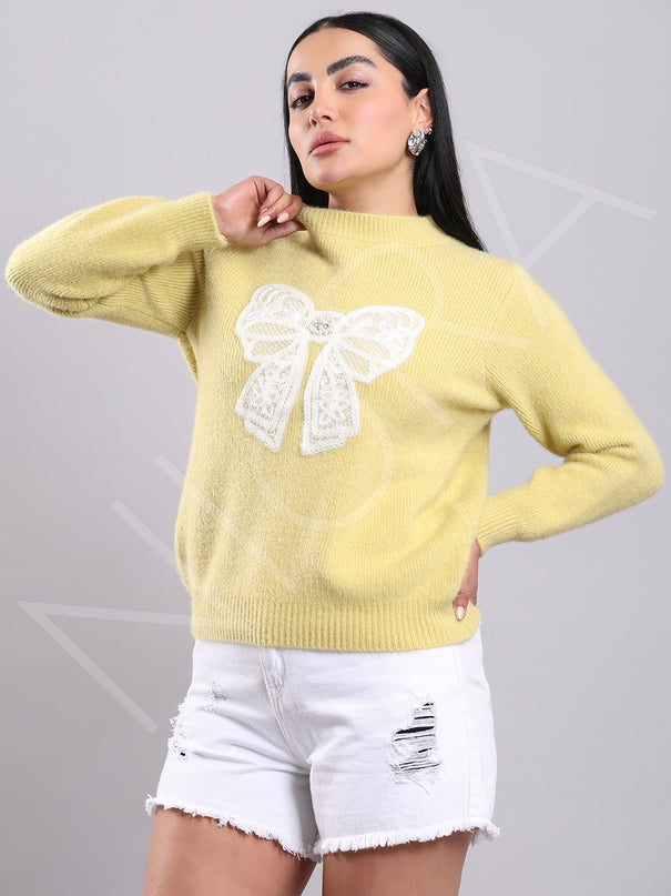 Lace Bow Wool Knit Pullover
