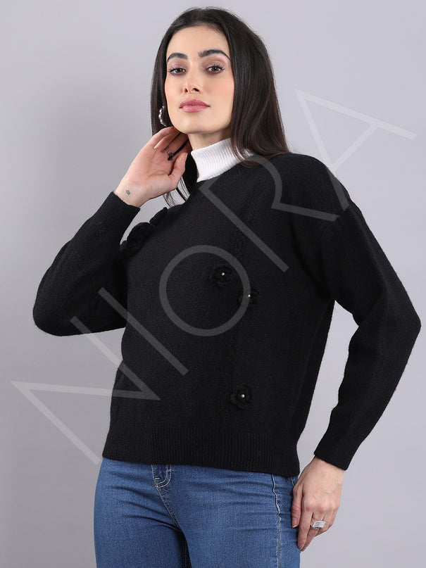 Floral Applique Wool Pullover