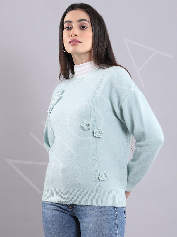 Floral Applique Wool Pullover