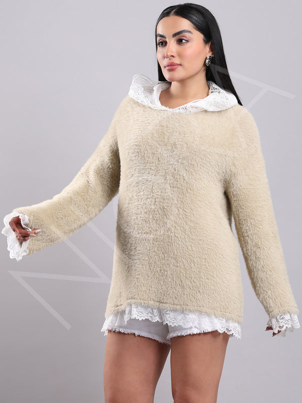 Lace Long Fur Hooded Pullover