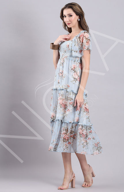 Sky Bloom Ruffle Midi Dress