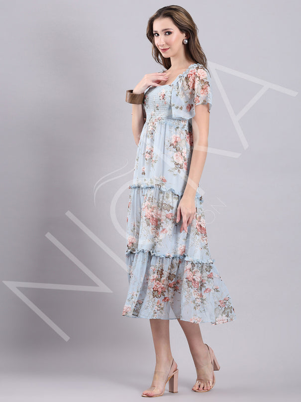 Sky Bloom Ruffle Midi Dress