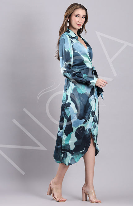 Aqua Wrap Slit Midi Dress