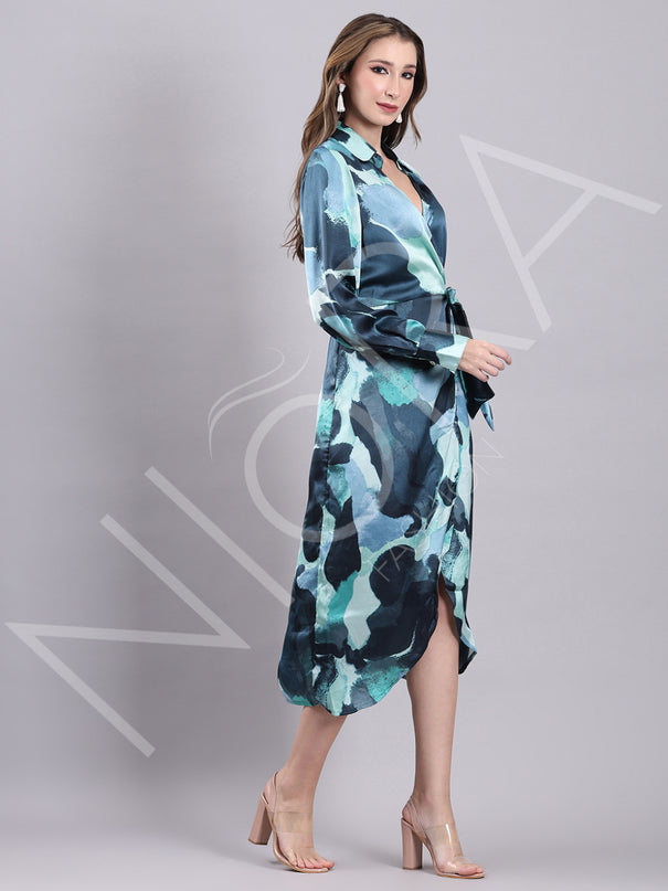 Aqua Wrap Slit Midi Dress