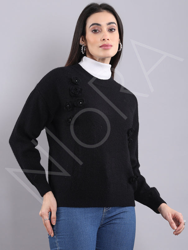 Floral Applique Wool Pullover