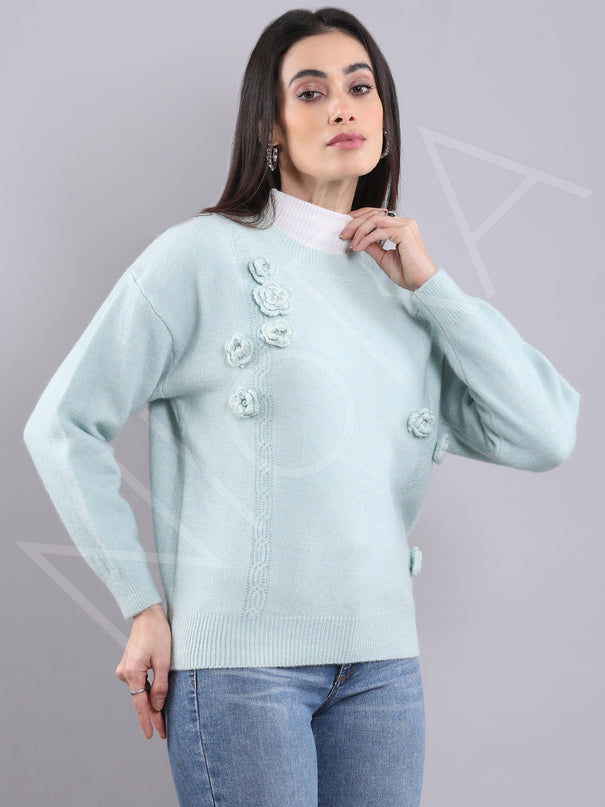 Floral Applique Wool Pullover