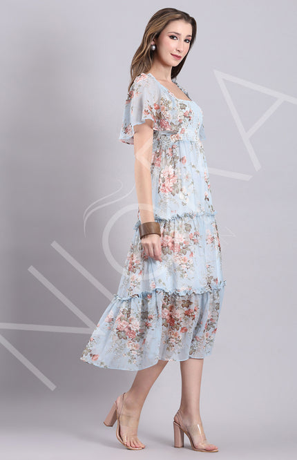 Sky Bloom Ruffle Midi Dress