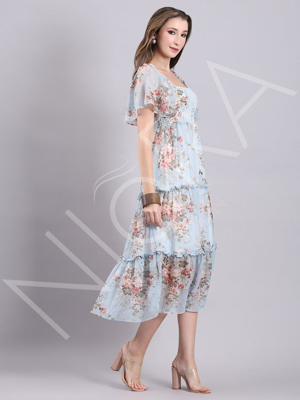 Sky Bloom Ruffle Midi Dress