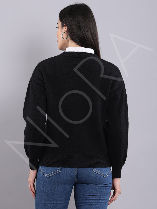 Floral Applique Wool Pullover