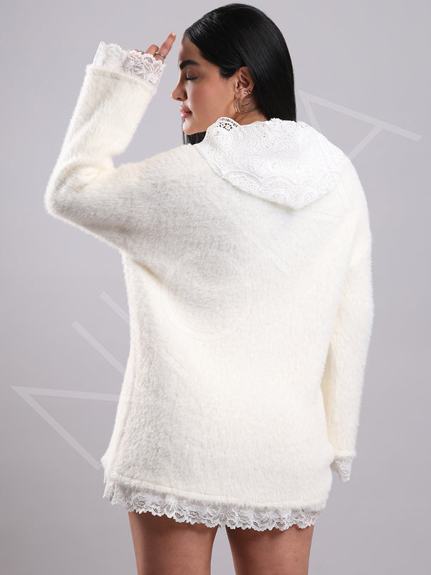 Lace Long Fur Hooded Pullover