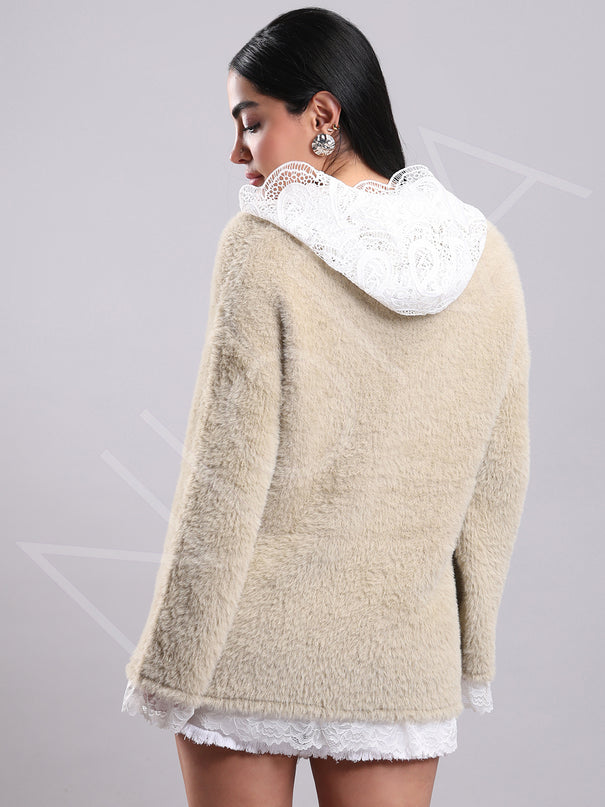 Lace Long Fur Hooded Pullover