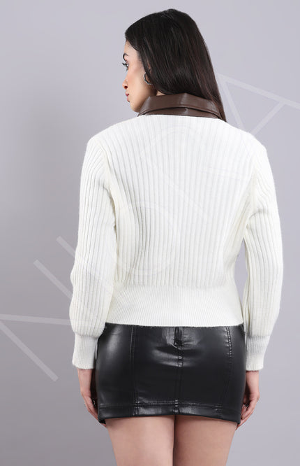 Leather Collar Zip Knit Cardigan