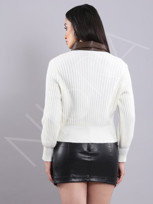 Leather Collar Zip Knit Cardigan