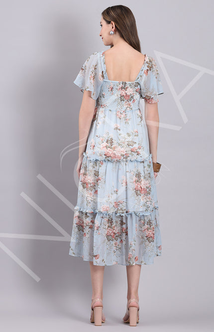 Sky Bloom Ruffle Midi Dress