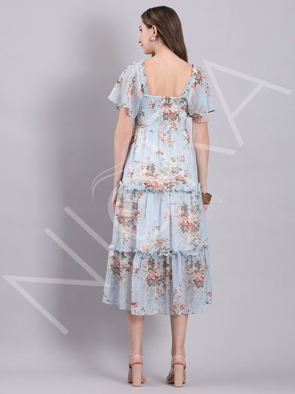 Sky Bloom Ruffle Midi Dress