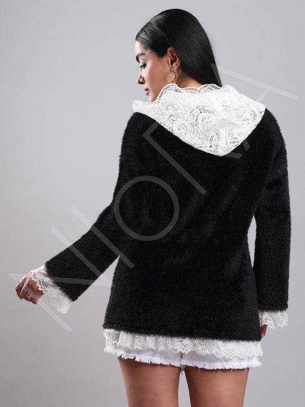 Lace Long Fur Hooded Pullover