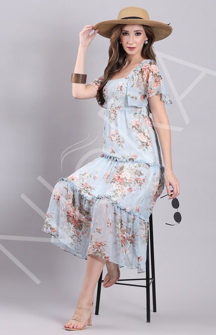 Sky Bloom Ruffle Midi Dress