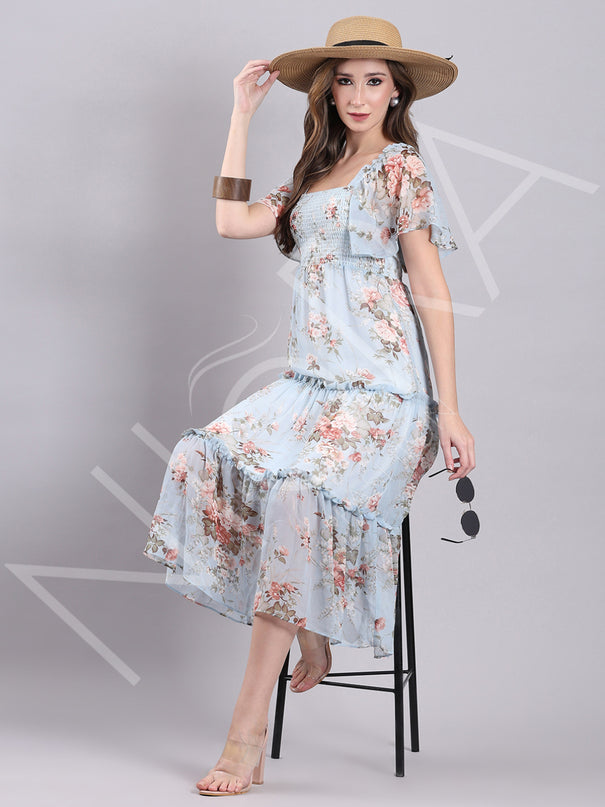 Sky Bloom Ruffle Midi Dress
