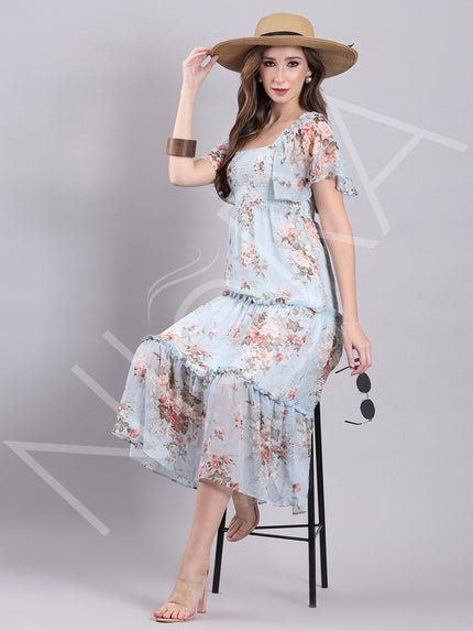 Sky Bloom Ruffle Midi Dress