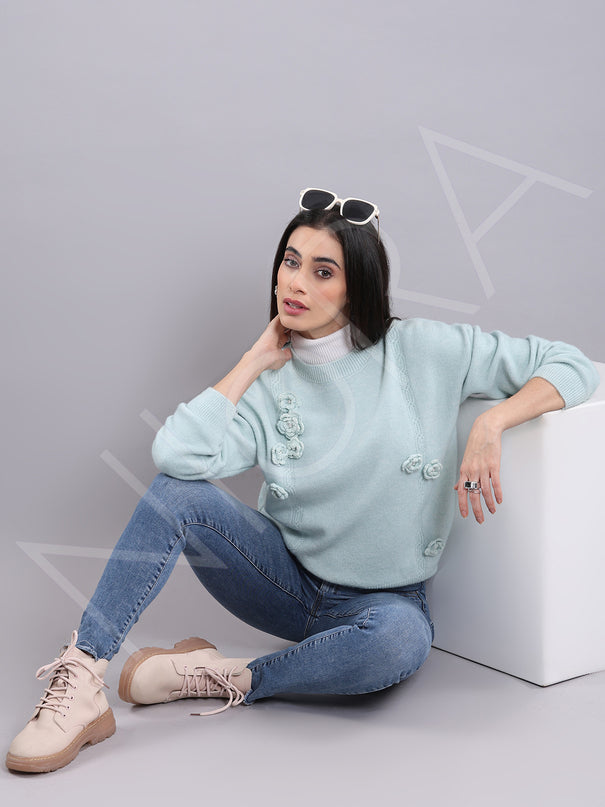Floral Applique Wool Pullover