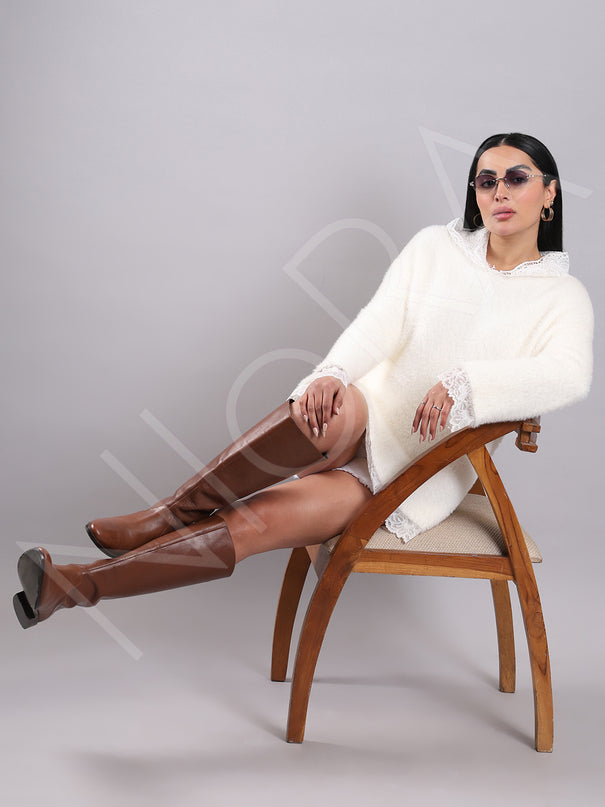Lace Long Fur Hooded Pullover