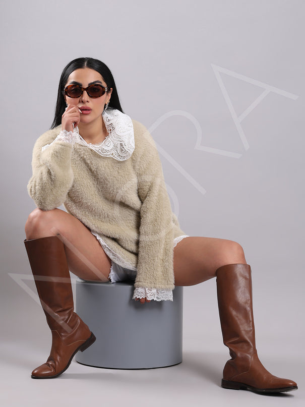 Lace Long Fur Hooded Pullover