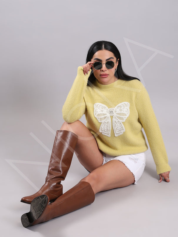 Lace Bow Wool Knit Pullover