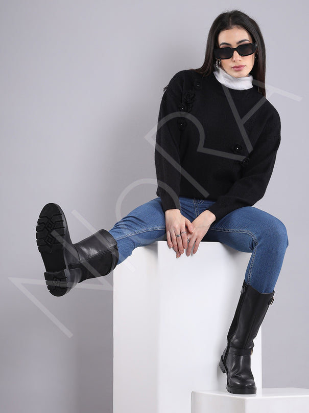 Floral Applique Wool Pullover