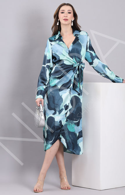 Aqua Wrap Slit Midi Dress
