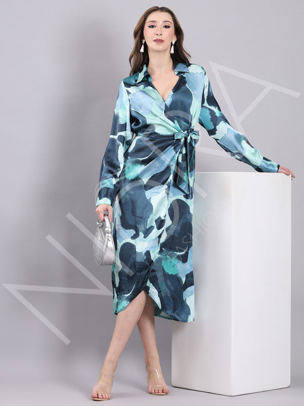 Aqua Wrap Slit Midi Dress
