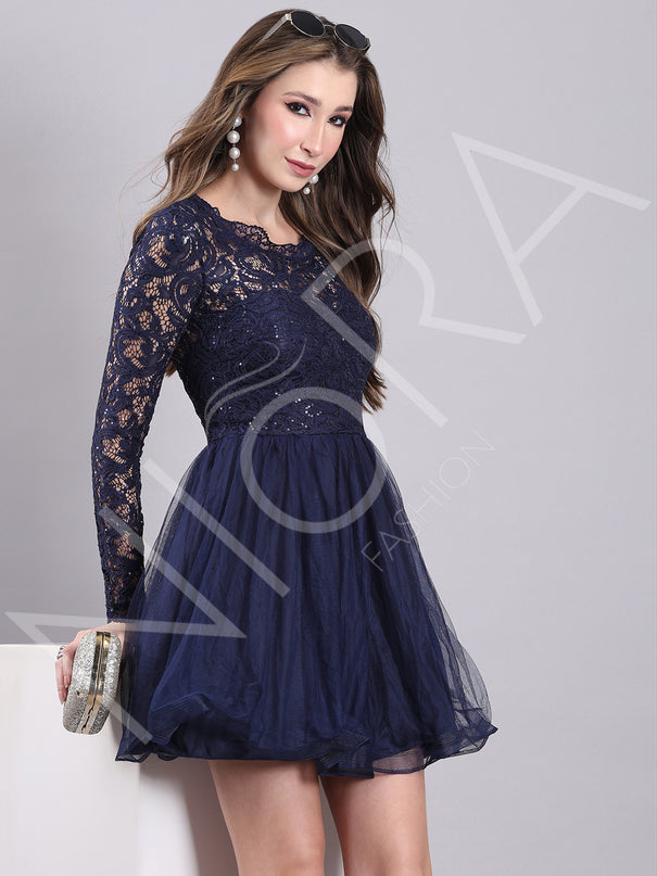 Blue Tulle Flared Short Dress