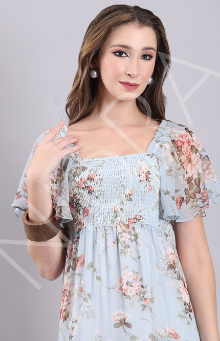 Sky Bloom Ruffle Midi Dress