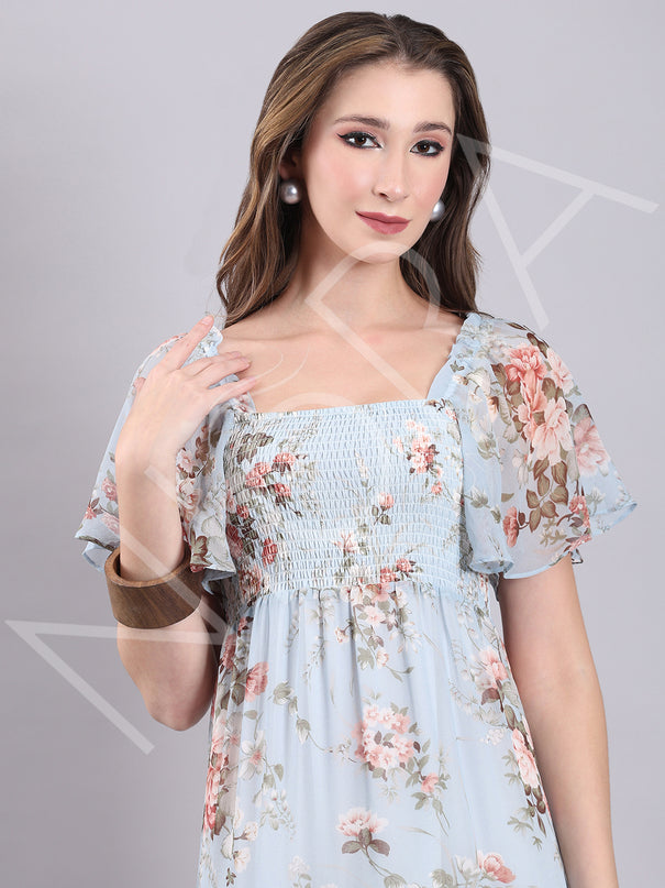 Sky Bloom Ruffle Midi Dress