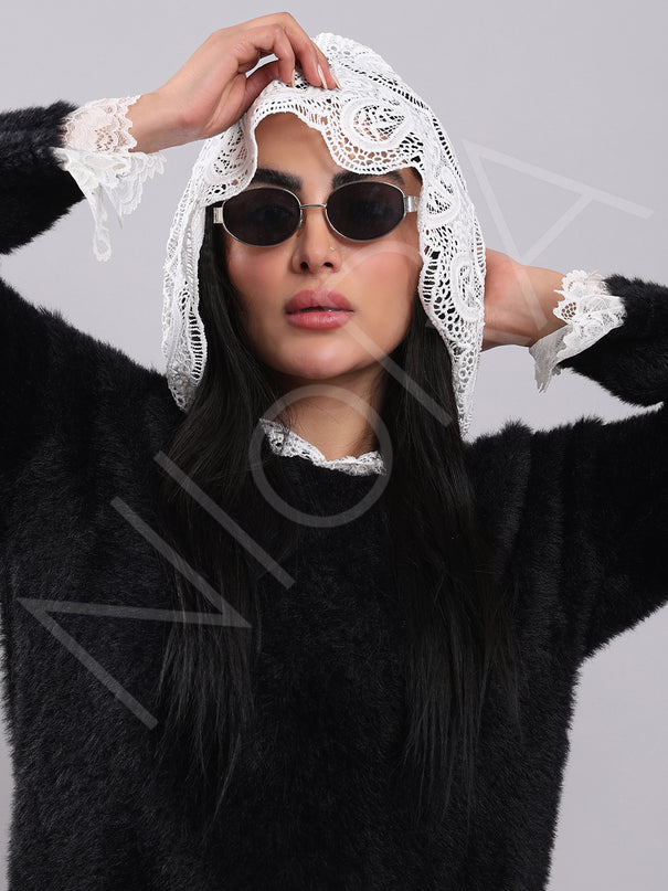 Lace Long Fur Hooded Pullover