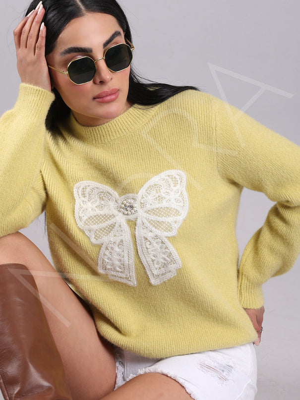 Lace Bow Wool Knit Pullover