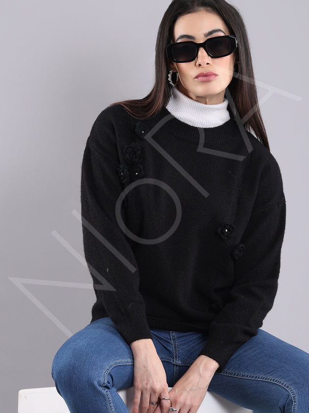 Floral Applique Wool Pullover