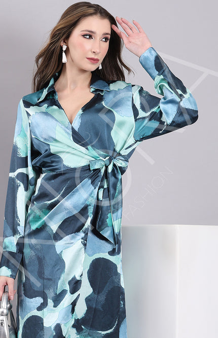 Aqua Wrap Slit Midi Dress
